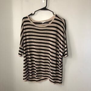 Eileen Fisher organic linen blend semi sheer black tan striped short sleeve L